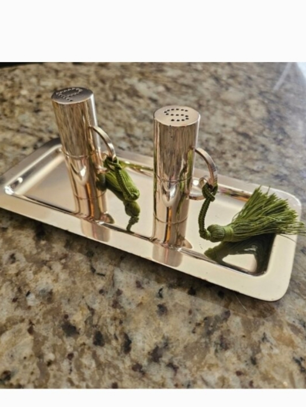 Vintage Silver Salt & Pepper Shakers with Green Tassels